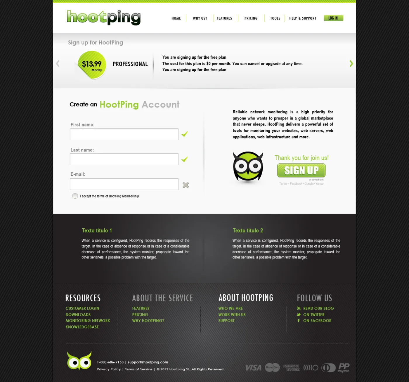 HootPing sign-up page